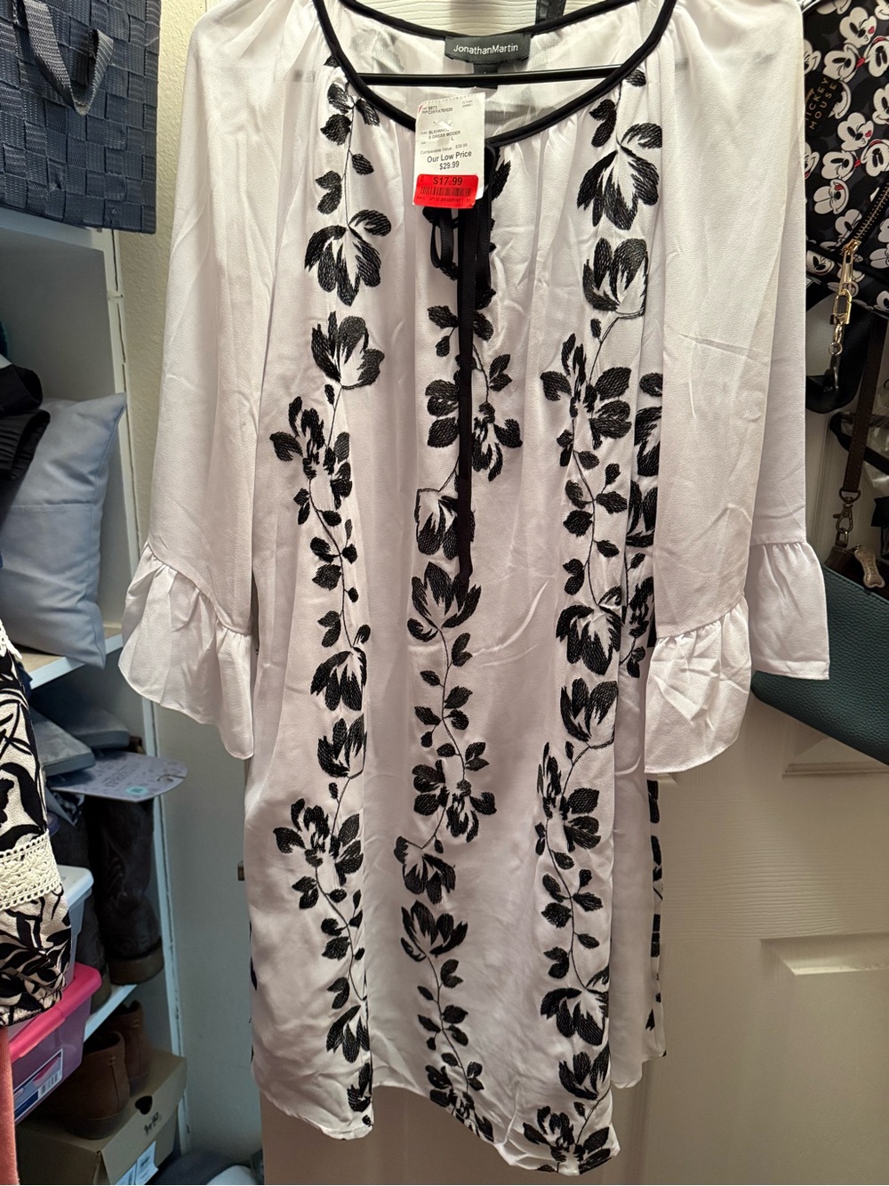jonathan martin White Dress with Black Floral Embroidery